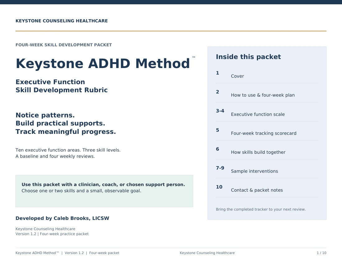Keystone ADHD Method packet cover, developed by Caleb Brooks, LICSW, at Keystone Counseling Healthcare